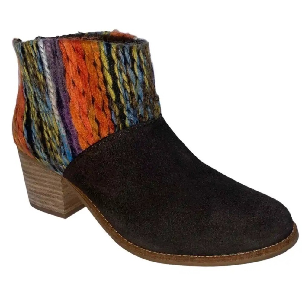Toms ankle boots booties yarn embellished boho 7.5 brown‎ leather suede Leila